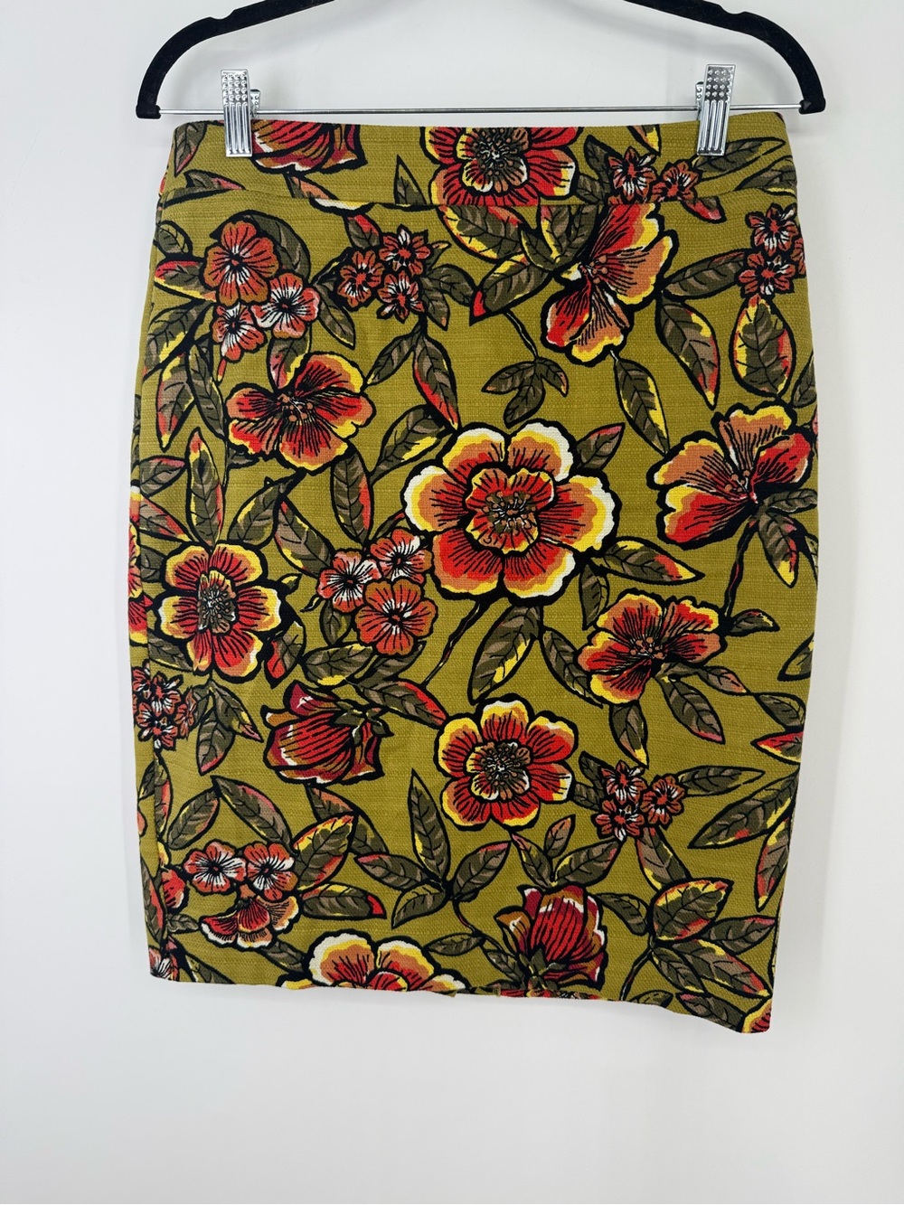 LOFT Olive Green Floral Pencil Skirt with Red Blooms 8